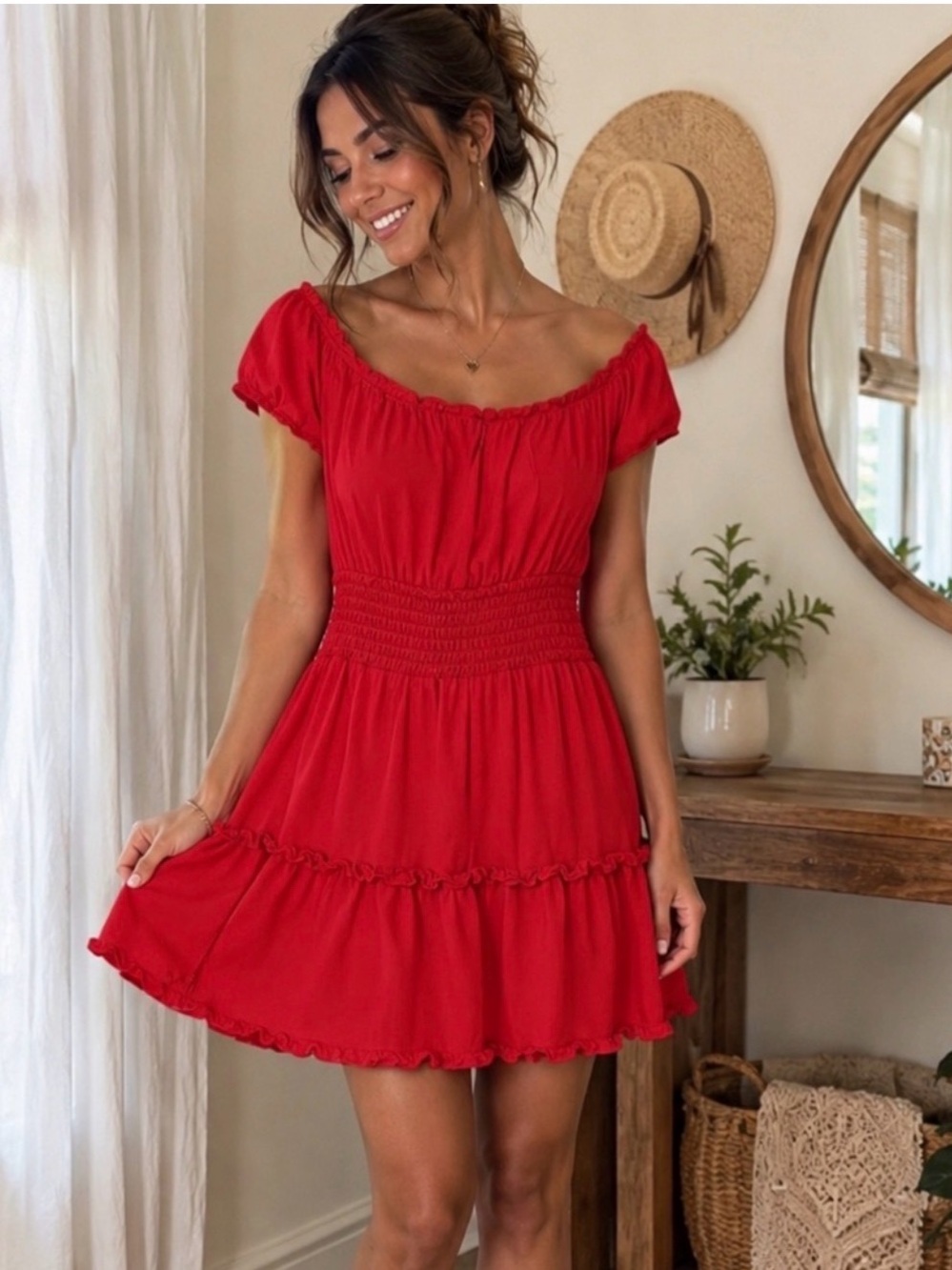 American Eagle Red Smocked Off Shoulder Mini Dress Petite Small Cottagecore Boho